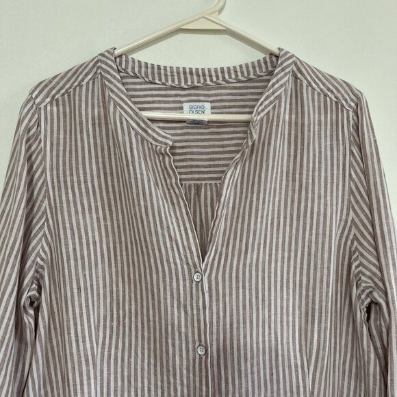 Sigrid Olsen 100% Linen Button Up Tunic Shirt Womens M Tan Striped Lagenlook - Picture 2 of 13